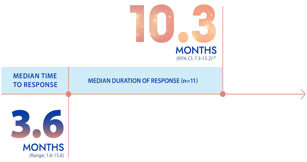 3.6 months  median time to response and 10.3 months median duration of response