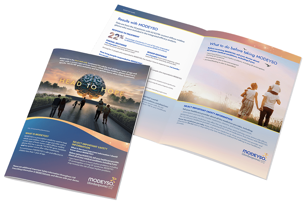 Downloadable MODEYSO patient brochure, highlighting once-weekly therapy guidance